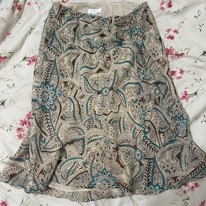LOFT Beige and Teal Paisley A-Line Skirt